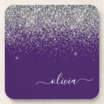 Posavasos Monograma de Purpurina de color morado plateado Gi<br><div class="desc">Láminas de papel con el nombre de monograma Purpurina morado y plateado. Esto hace que la graduación perfecta, el cumpleaños, el boda, la ducha de novia, el aniversario, la ducha de bebé o la fiesta de soltera sea un regalo para alguien que ama el lujo glam y los estilos de...</div>