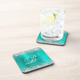 Posavasos Monograma de Relieve metalizado turquesa Purpurina