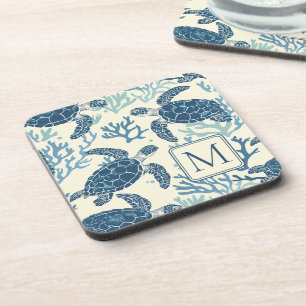 Posavasos Monograma de tortugas azules y de crema