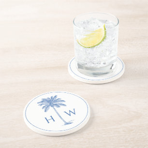 Posavasos Monograma del árbol de palmetto azul y blanco