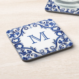 Posavasos Monograma del boda azul Delft