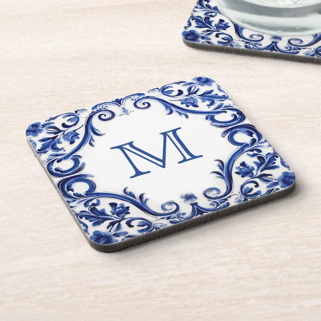 Posavasos Monograma del boda azul Delft (Lado Izquierdo)