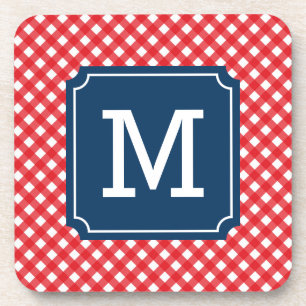 Posavasos Monograma del nombre personal de Gingham rojo picn