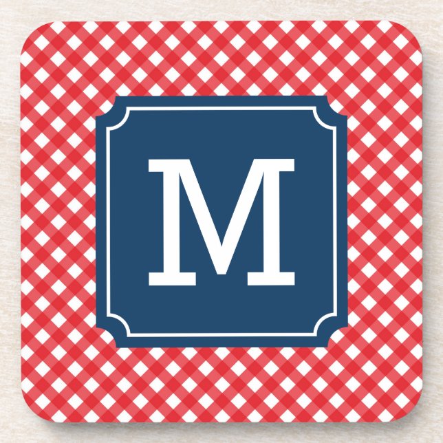 Posavasos Monograma del nombre personal de Gingham rojo picn (Frente)