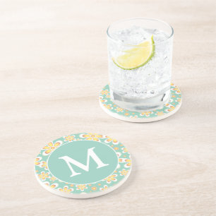 Posavasos Monograma del patrón de flor de primavera verde a