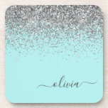 Posavasos Monograma del Purpurina plateado Verde azulado azu<br><div class="desc">Aqua Blue - Purpurinas Verde azulados y plateados Monograma Nombre de los cuentacuentos. Esto hace que la graduación perfecta, el cumpleaños, el boda, la ducha de novia, el aniversario, la ducha de bebé o la fiesta de soltera sea un regalo para alguien que ama el lujo glam y los estilos...</div>