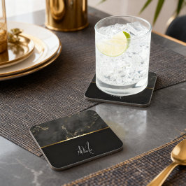 Posavasos Mónograma dorado de mármol negro moderno chic