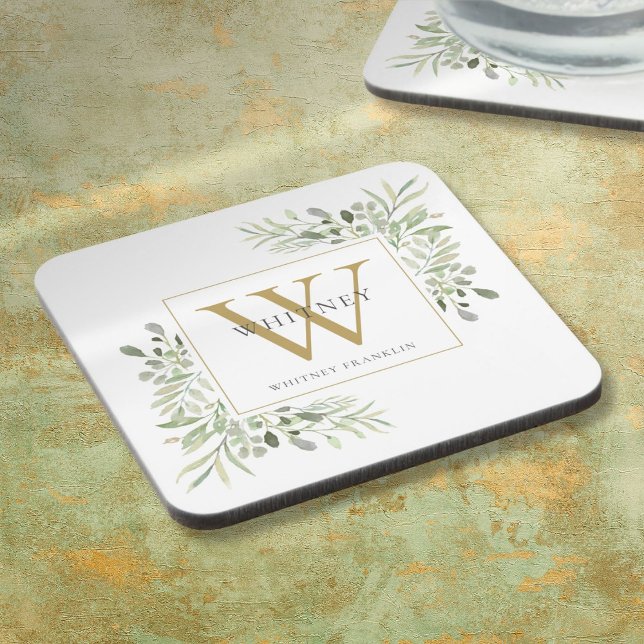 Posavasos Monograma Dorado Elegante Modernidad Verde (Gold Monogram Elegant Modern Greenery Beverage Coaster)