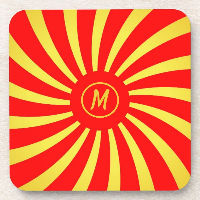 Posavasos Monograma dorado y espirales rojas (Frente)