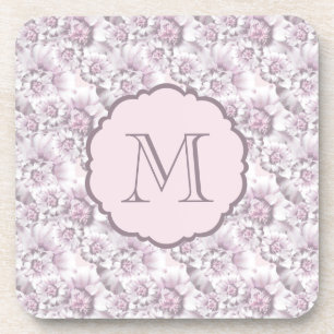 Posavasos Monograma elegante con patrón floral gris y rosa