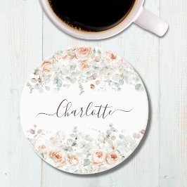 Posavasos Monograma Elegante Floral Verde Rosado Rústico