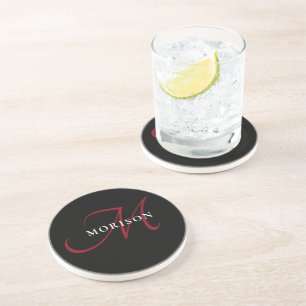 Posavasos Monograma elegante moderno de escritura roja negra
