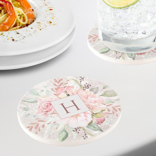 Posavasos Monograma Elegante Rosa Rosa Rosa Peony Marble Flo (In situ)