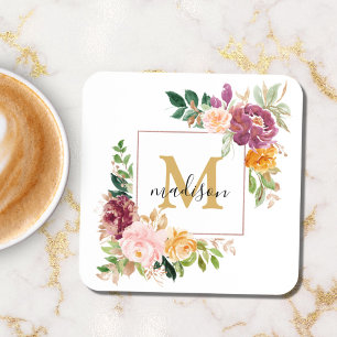 Posavasos Monograma Elegante Rosas Florales Botánicas Acuare