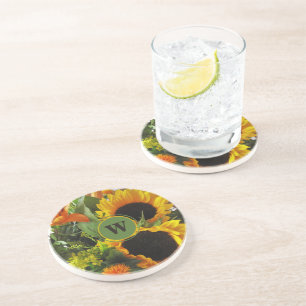 Posavasos Monograma enmarcado hermosas girasoles arenisca