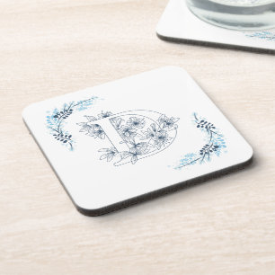 Posavasos Monograma floral azul inicial "D" tranquilo
