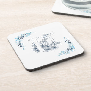 Posavasos Monograma floral azul inicial "U" tranquilo
