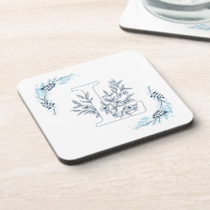 Posavasos Monograma floral calmado inicial "L" azul