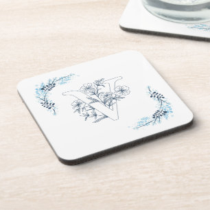 Posavasos Monograma floral calmado inicial "V" azul