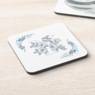 Posavasos Monograma floral calmado inicial "Y" azul