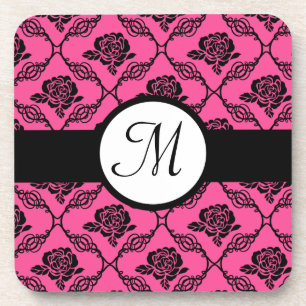Posavasos Monograma floral de encaje del rosa y del negro
