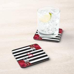Posavasos Monograma Floral Plateado Rojo Rayas Blancas y Neg