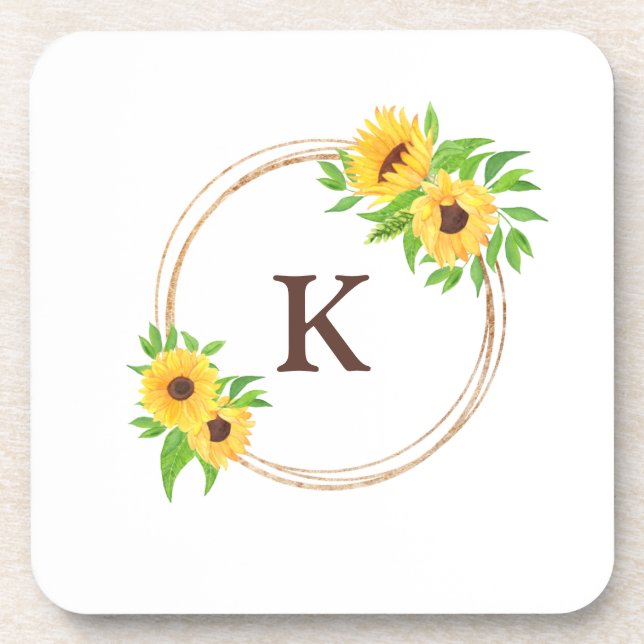 Posavasos Monograma girasoles marco dorado verde deja rústic (Frente)