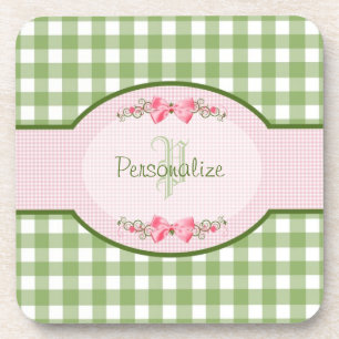 Posavasos Monograma Girly Green Gingham Con Nombre