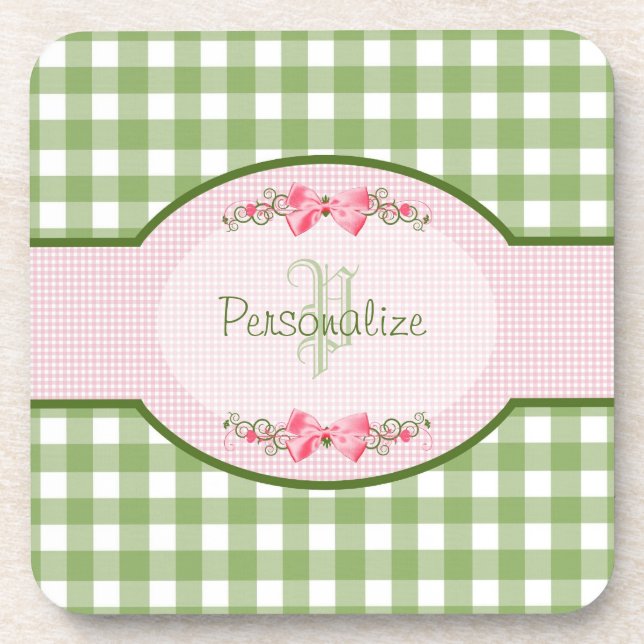 Posavasos Monograma Girly Green Gingham Con Nombre (Frente)