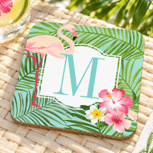 Posavasos Monograma Inicial Floral de Flamenco Rosa Tropical