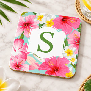Posavasos Monograma Inicial Floral Verde Tropical Rosa Perso