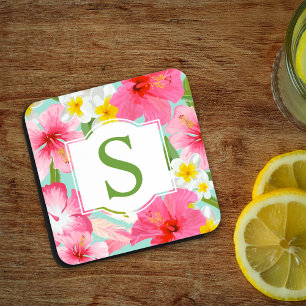 Posavasos Monograma Inicial Floral Verde Tropical Rosa Perso