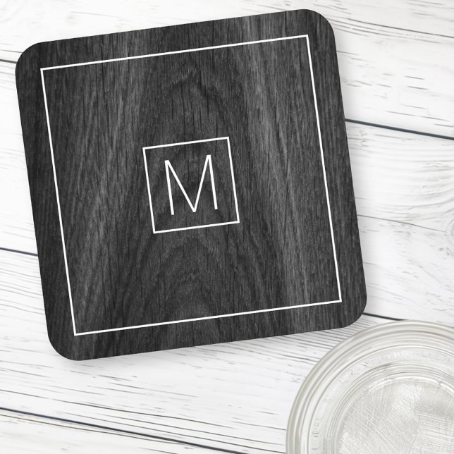 Posavasos Monograma moderno elegante grano de madera negra i (Modern elegant monogram initial black wood grain beverage coaster)