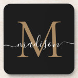 Posavasos Monograma moderno Nombre de guión femenino de oro<br><div class="desc">Monograma moderno Oro Negro Nombre de guión femenino Bebida</div>