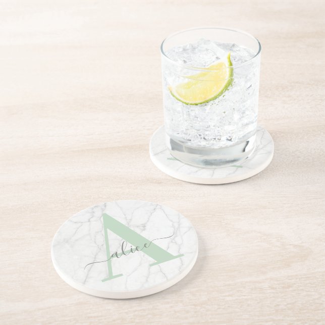 Posavasos Monograma moderno personalizado de mármol blanco (Lado)