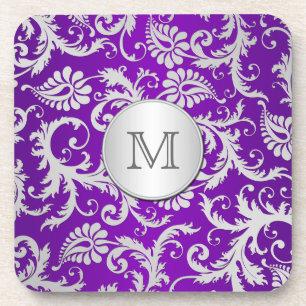 Posavasos Monograma Morado y Plata Damask Coaster Set (6)