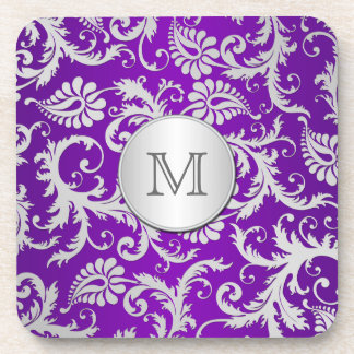 Posavasos Monograma Morado y Plata Damask Coaster Set (6)