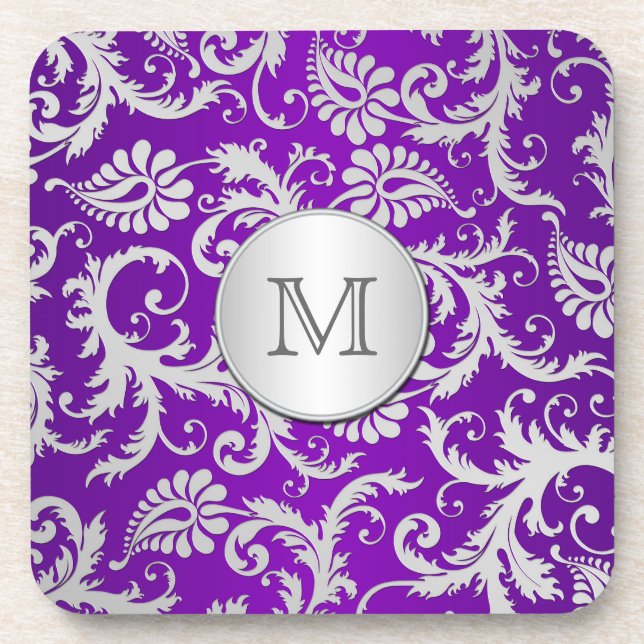 Posavasos Monograma Morado y Plata Damask Coaster Set (6) (Frente)