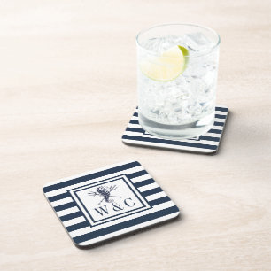 Posavasos Monograma Nautical Seahorse Nave Blue Stripe