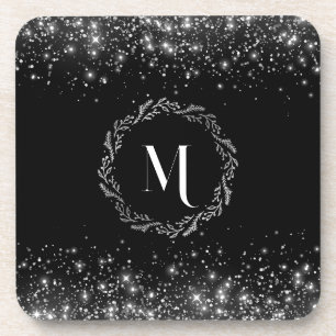 Posavasos Monograma negro con brillo plateado