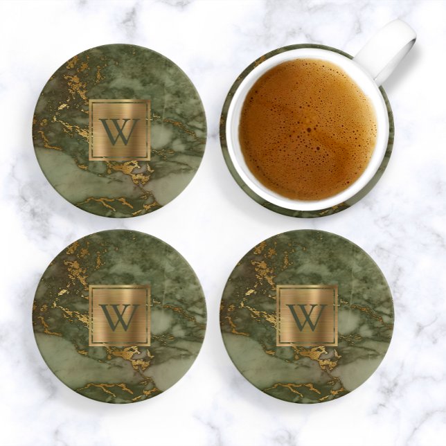 Posavasos Monograma Olive Green Faux Marble Gold (Subido por el creador)