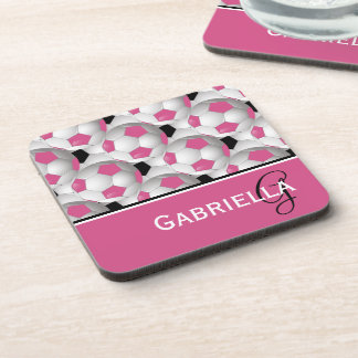 Posavasos Monograma Patrón negro rosado de bola de fútbol