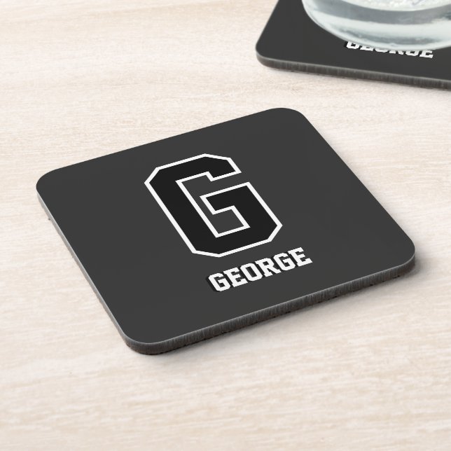 Posavasos Monograma personalizado de blanco negro personaliz (Lado Izquierdo)