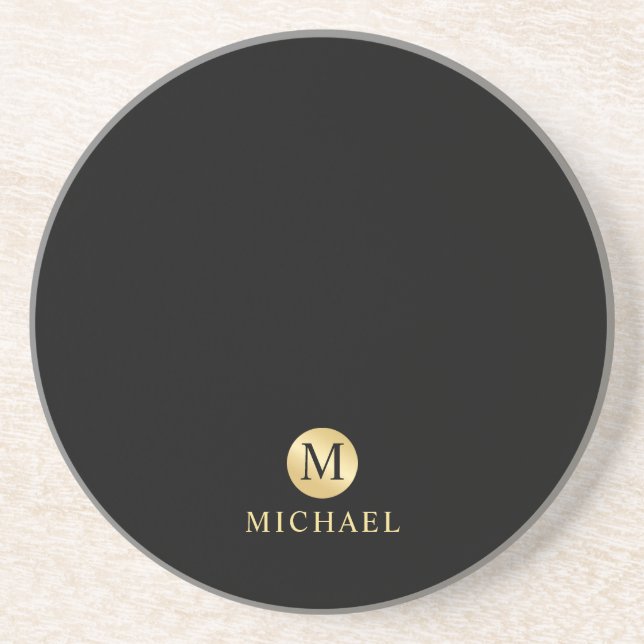 Posavasos Monograma personalizado de lujo negro y oro (Frente)