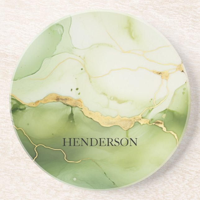 Posavasos Monograma personalizado de oro y verde sabio moder (Frente)