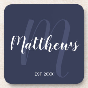 Posavasos Monograma personalizado y apellido en azul marino