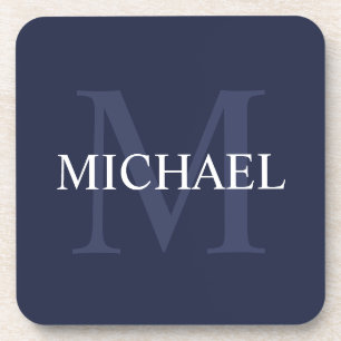 Posavasos Monograma personalizado y nombre azul de la marina