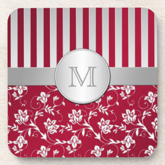Posavasos Monograma Red Silver Striped Floral Coaster Set (6