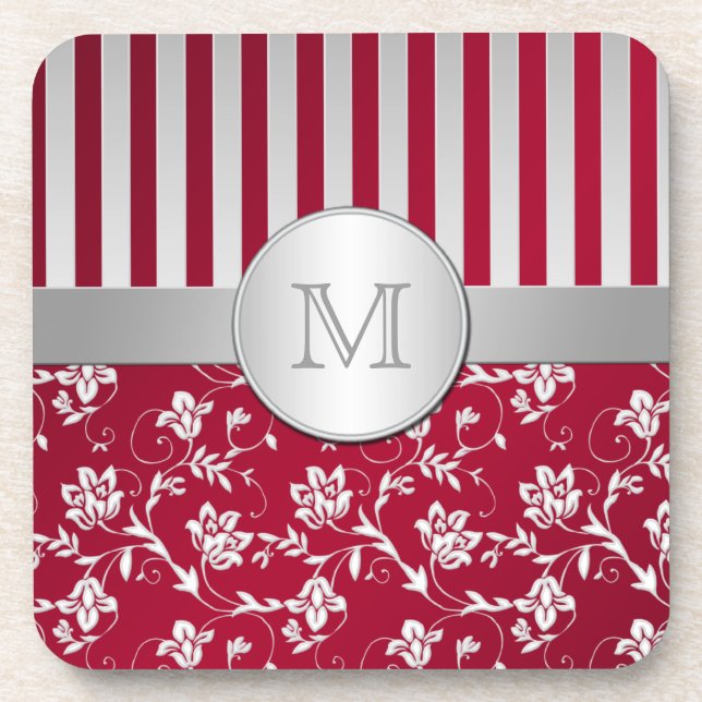 Posavasos Monograma Red Silver Striped Floral Coaster Set (6 (Frente)