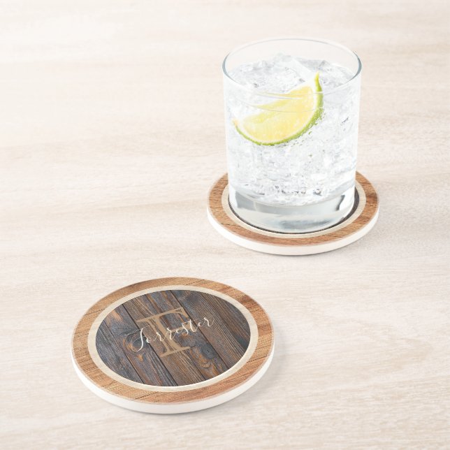 Posavasos Monograma Redondo de Tono de Madera Rúst (Lado)